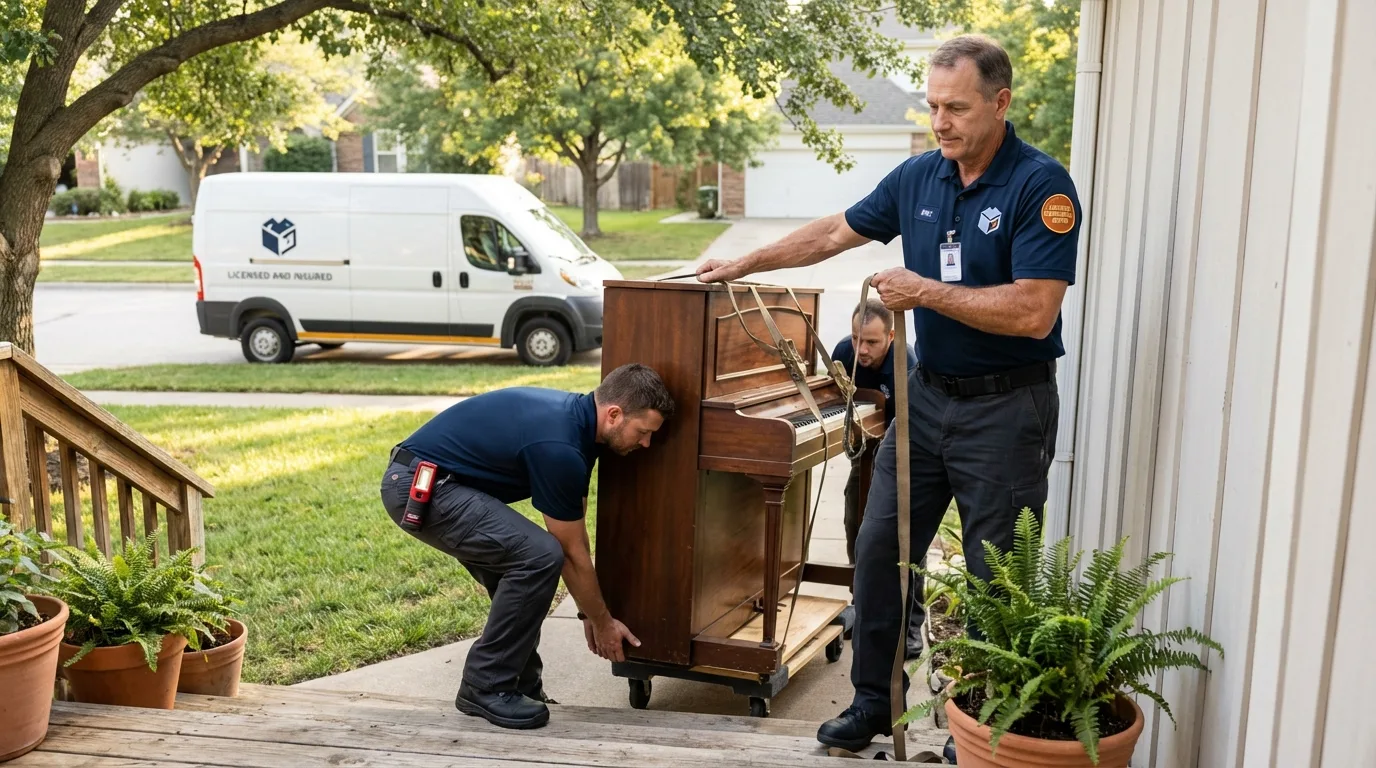 Licensed piano movers securing grand piano in North East, MD