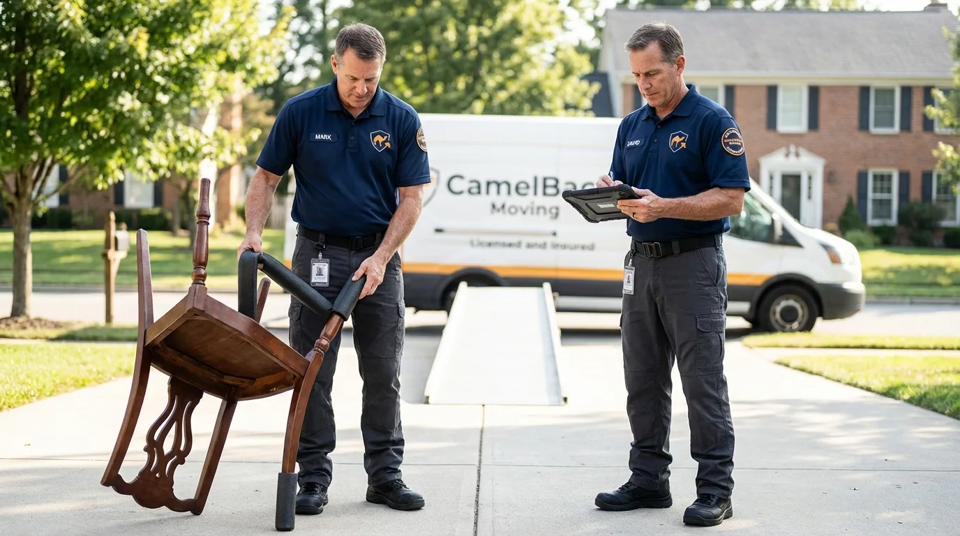 Movers inspecting furniture for damage prevention before loading in North East, MD