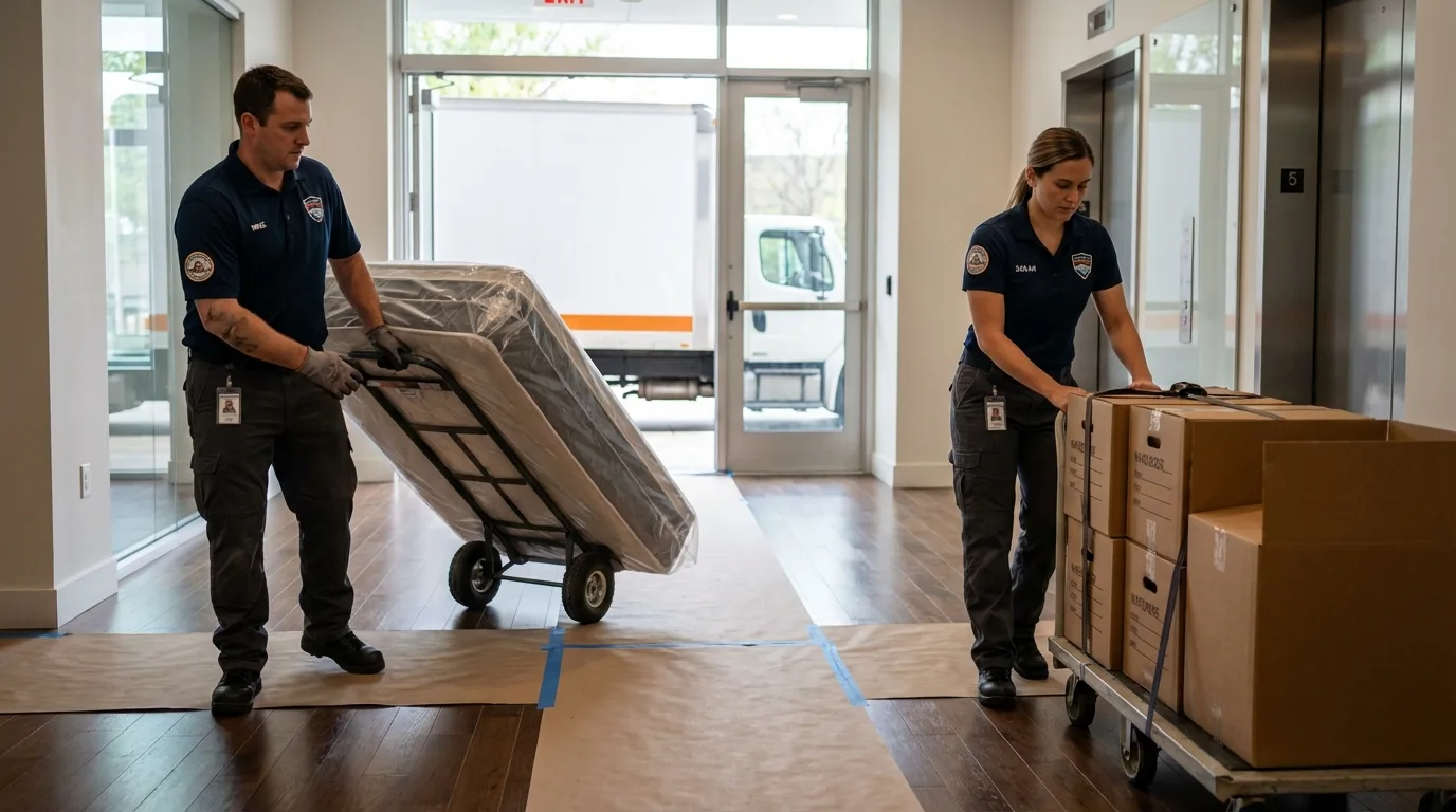 Professional apartment movers loading elevator in North East, MD